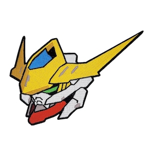 May include: Embroidered patch featuring a yellow robot head with blue, green, red, and white accents. The robot head has a pointed antenna and a detailed design, perfect for adding to clothing or accessories.