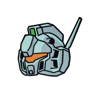 May include: A light blue and gray robot head with an orange visor and a green light. The robot head is a cartoon illustration.
