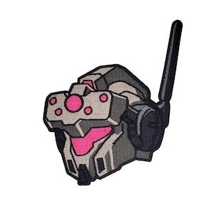 May include: A gray and black embroidered patch of a robot head with a pink visor and antenna.