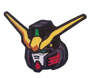 May include: Embroidered patch featuring a cartoon robot head with a yellow and black antenna, green eyes, and a red and black face. The robot head is against a white background.