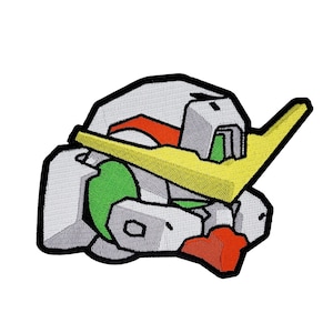 May include: Embroidered patch of a white, green, yellow, and red robot head. The robot has a large, yellow antenna and a green visor.
