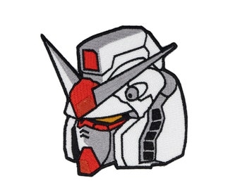 May include: Embroidered patch of a white and gray robot head with red accents. The robot has a large, pointed head with a single eye and a small mouth.