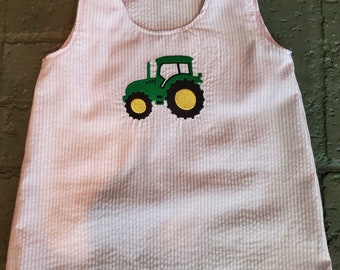 Pink seersucker girls dress; seersucker dress; tractor dress; Toddler Dress