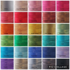 May include: A color chart of 25 different thread spools, each with a different color. The colors are arranged in rows and columns, with the names of the colors printed below each spool. The colors include white, very pale peach, light pink, hot pink, fuchsia, coral, red, burgundy, reddish brown, brown, orange, peach, bright yellow, pale yellow, moss green, light green, kelly green, olive green, sea green, teal, pool blue, light blue, royal blue, navy blue, light purple, purple, taupe, light gray, and black.