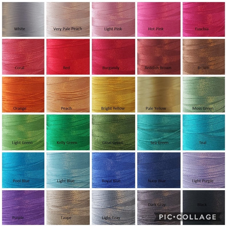 May include: A color chart of 25 different thread spools, each with a different color. The colors are arranged in rows and columns, with the names of the colors printed below each spool. The colors include white, very pale peach, light pink, hot pink, fuchsia, coral, red, burgundy, reddish brown, brown, orange, peach, bright yellow, pale yellow, moss green, light green, kelly green, olive green, sea green, teal, pool blue, light blue, royal blue, navy blue, light purple, purple, taupe, light gray, and black.