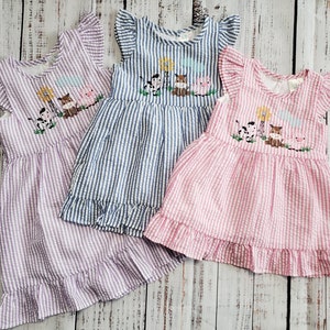 Seersucker Girls Ruffle Dress with Farm Animals | Seersucker Dress | Farm Animal Dress | Farm Dress | Farm Girl Dress | Embroidered Dress