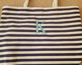 Monogrammed Navy Striped Canvas Tote Bag with Rope Handles
