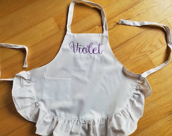Monogrammed White Ruffled Toddler Apron: Personalized Girls Apron