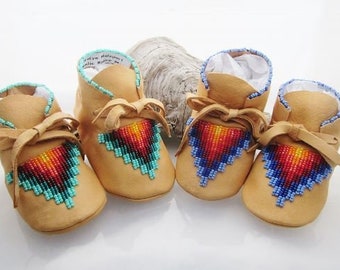 Navy White Stripe Printed Sailor Moccasin 100/% American Leather Moccasins for Babies /& Toddlers Made in US