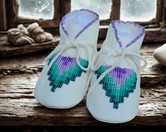 Native American Made Beaded Baby Moccasins: Lavender Deer Hide Shoes