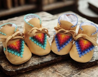 Native American Beaded Baby Moccasins: Deerskin Soft Sole Shoes