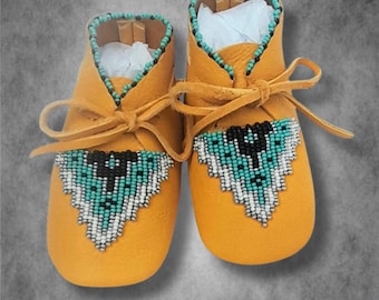 Native American Made Deerskin Baby Moccasins: Turquoise Beaded Crib Shoes