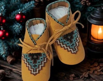 Beaded Leather Baby Moccasins: Native American Made Soft Sole Shoes