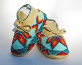 Native American Made Baby boy Moccasins, Keepsake Leather Beaded Baby Moccasins, Green Teal Turquoise, Infant Shoes, Heirloom Baby Gift
