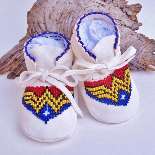 Wonder Woman Baby Shoes Beaded Moccasins Girls Soft Soled Shoes Red Shoes Blue Shoes Native American Made Unique Baby Shoes Baby Shower Gift