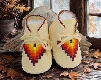 Native American Beaded Leather Baby Moccasins: Soft Soled Shoes