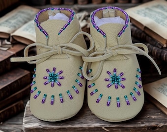 Handmade Beaded Deerskin Baby Moccasins: Native American Soft Sole Shoes