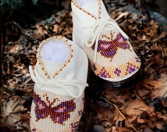 Native American Made Baby Moccasins: Deerskin Beaded Butterfly Shoes
