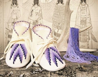 Purple Beaded Baby Moccasins: Soft Leather Native American Shoes