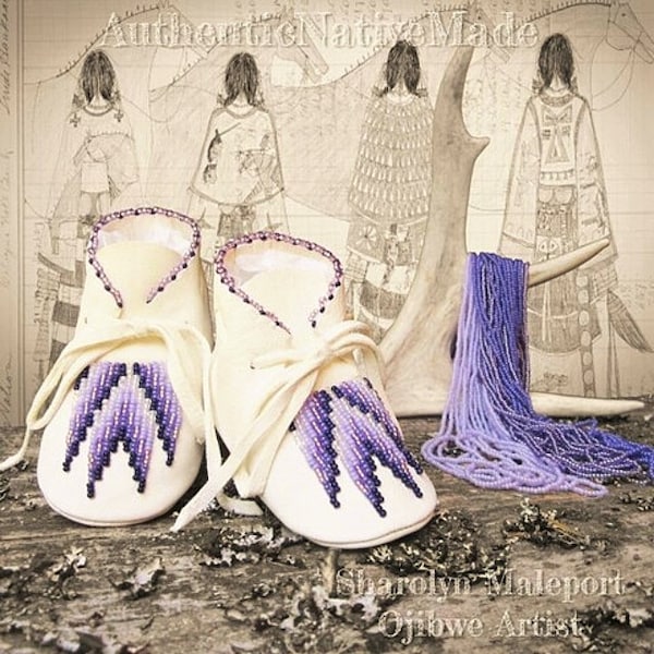 Girls Purple Baby Shoes, Soft Soled White Shoes, Baby Shower Gift, Lavender Beaded Moccasins, Native American Leather Moccs, Christmas Gift