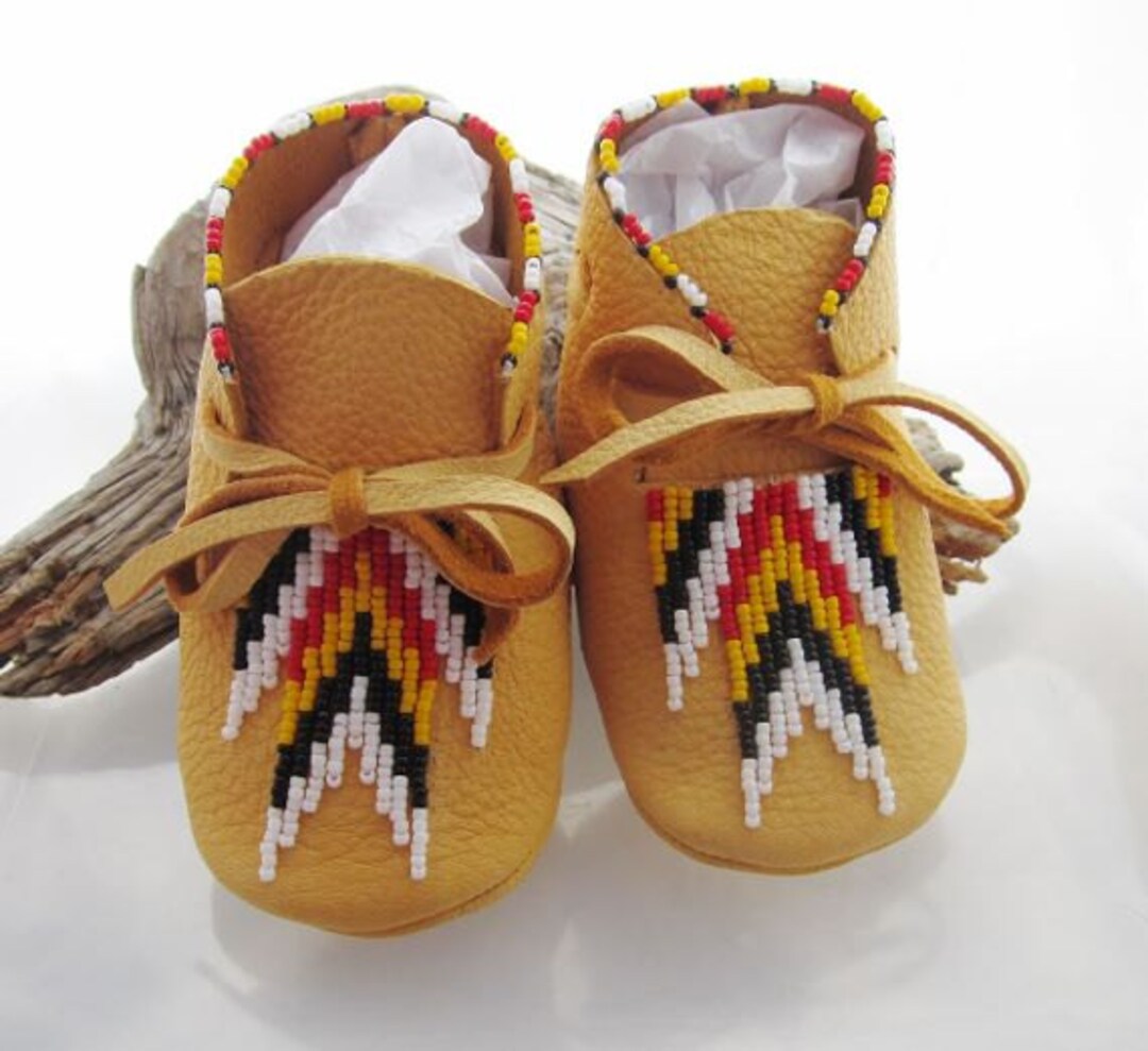 Native American Made Baby Moccasins of Soft Deer Hide in the Ojibwe Four Directions Bead Colors ...