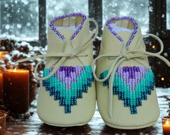 Turquoise and Purple Beaded Baby Moccasins: Soft Leather Native American Made Mocs