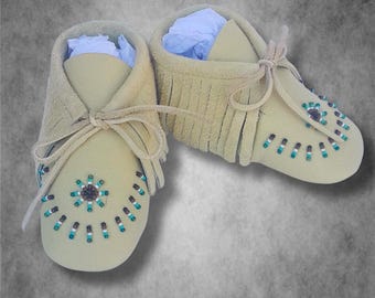 Native Made Baby Moccasins: Beaded Deerskin Soft Shoes