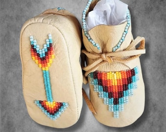 Native American Beaded Baby Moccasins: Handmade Deerskin Leather