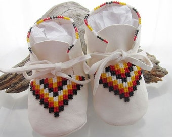 New Baby Shower Gift, Red, Black, Yellow & White. Four Directions Beaded Soft Soled Baby Moccasins in soft deer hide leather. Fathers Day