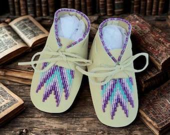 Native American Made Beaded Deerskin Baby Moccasins: Purple Turquoise