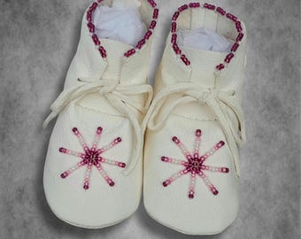 Handmade Deerskin Baby Moccasins: Pink Beaded Soft Sole Shoes