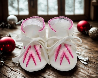 White leather pink beaded baby shoes with soft soles