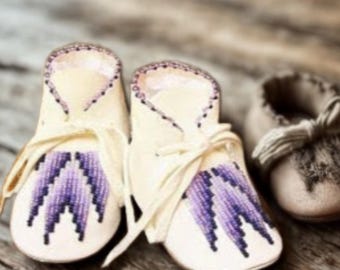 Handmade Leather Baby Moccasins: Purple Beaded Soft Shoes