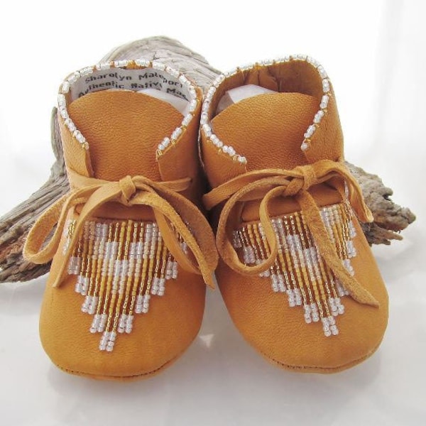 Gold Beaded Leather Baby Girl Moccasins, Baby footwear, infant crib booties, newborn shower gift, girl 1st birthday gift, heirloom baby gift
