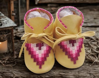 Native American Made Baby Moccasins: Pink Beaded Deerskin Leather Shoes