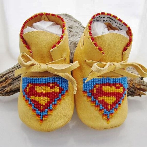 Superhero Shoes, Boys Shoes, Native American, Baby Moccasins, Unique Baby Moccs,  Red Beaded, Blue Beaded, Baby Shower Gift, Walker, Leather