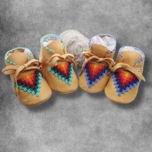 Native American Beaded Baby Moccasins: Deerskin Soft Sole Shoes