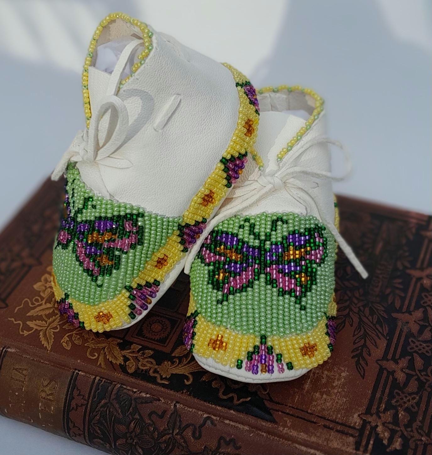 Heirloom Beaded Leather Baby Moccasins: Native American Made