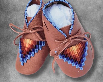 Native American Made Beaded Leather Baby Moccasins: First Birthday Gift