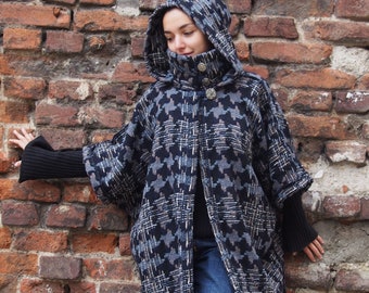 Hooded Cashmere Blend Poncho: Women's Asymmetric Wool Cape