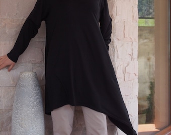 Black Plus Size Tunic, Asymmetrical Tunic Top, Long Sleeve Tunic, Loose Tunic Top, Black Tunic Dress, Gothic Tunic Top, Comfy, & Nara AT003