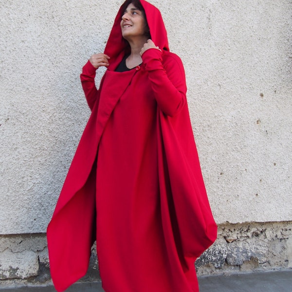 Red Maxi Cardigan, Hooded Cardigan, Red Cotton Coat, Women Maxi Hoodie, Deconstructed Hoodie, Asymmetrical Coat, Kimono Jacket, Nara GIL032