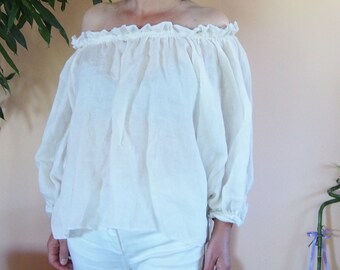 White Linen Top, Loose Linen Blouse, Plus Size Linen Tunic, Summer Linen Top, Oversized Linen Top, Long Sleeves Top, Summer White, Nara B008