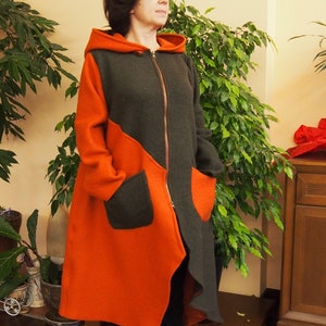 Boiled Wool Hooded Coat: Women&#39;s Asymmetric Zip-Up Oversized Coat