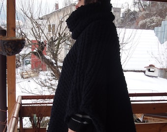Handknit Black Chunky Knit Hooded Poncho: Oversized Micropolyester Cardigan