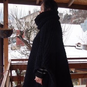 Handknit Black Chunky Knit Hooded Poncho: Oversized Micropolyester Cardigan