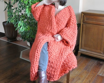 Handmade Chunky Knit Wool Cardigan: Oversized Maxi Sweater