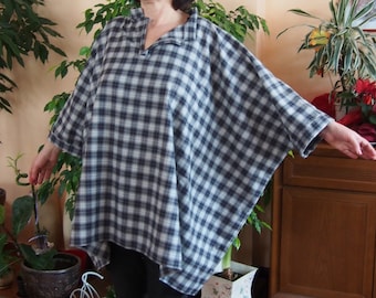 Tunica asimmetrica, tunica in cotone da donna, tunica oversize ampia, top tunica a quadretti, tunica poncho, camicia stravagante, taglie forti, Nara AT033