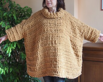 Handmade Chunky Knit Turtleneck Sweater: Oversized Micropolyester Pullover