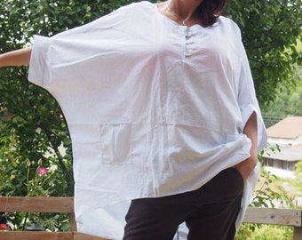 White Linen Oversize Tunic: Asymmetrical Loose Top